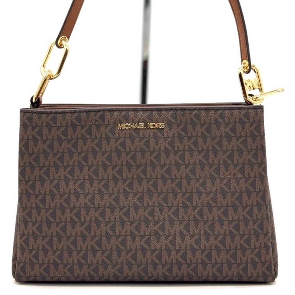 Michael Kors Trisha Medium Triple Compartment Crossbody Bag Brown Signature - Picture 1 of 11